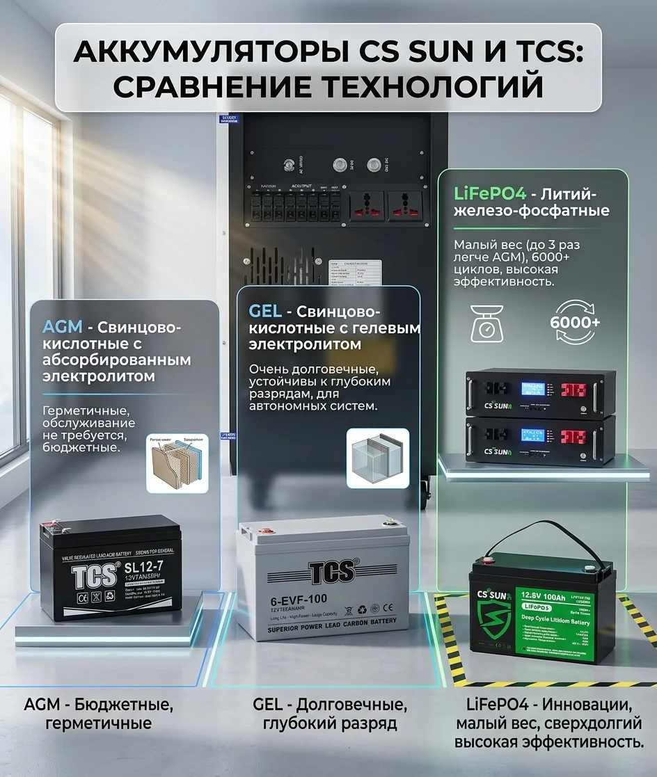 Различные типы аккумуляторов: AGM, GEL, LiFePO4